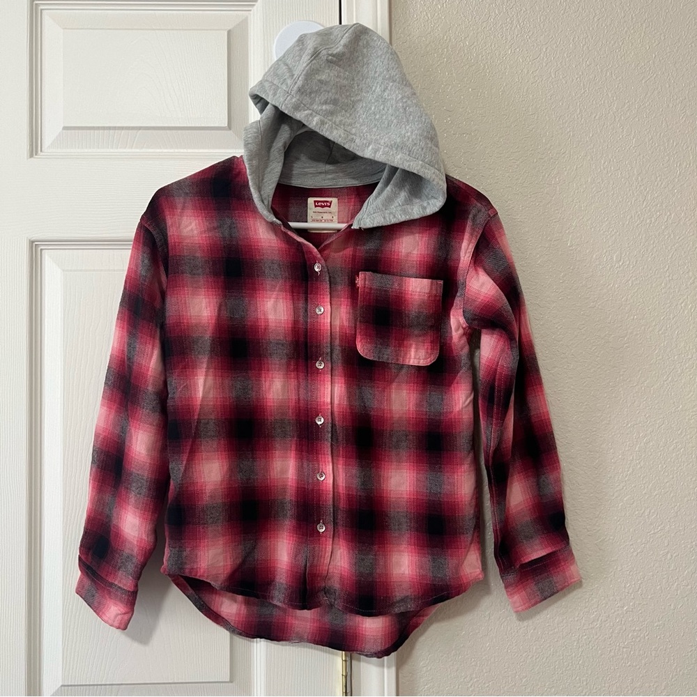 Girls Levi’s Pink/Red Plaid Hooded Button Down Shirt - Large (12-13 yrs)